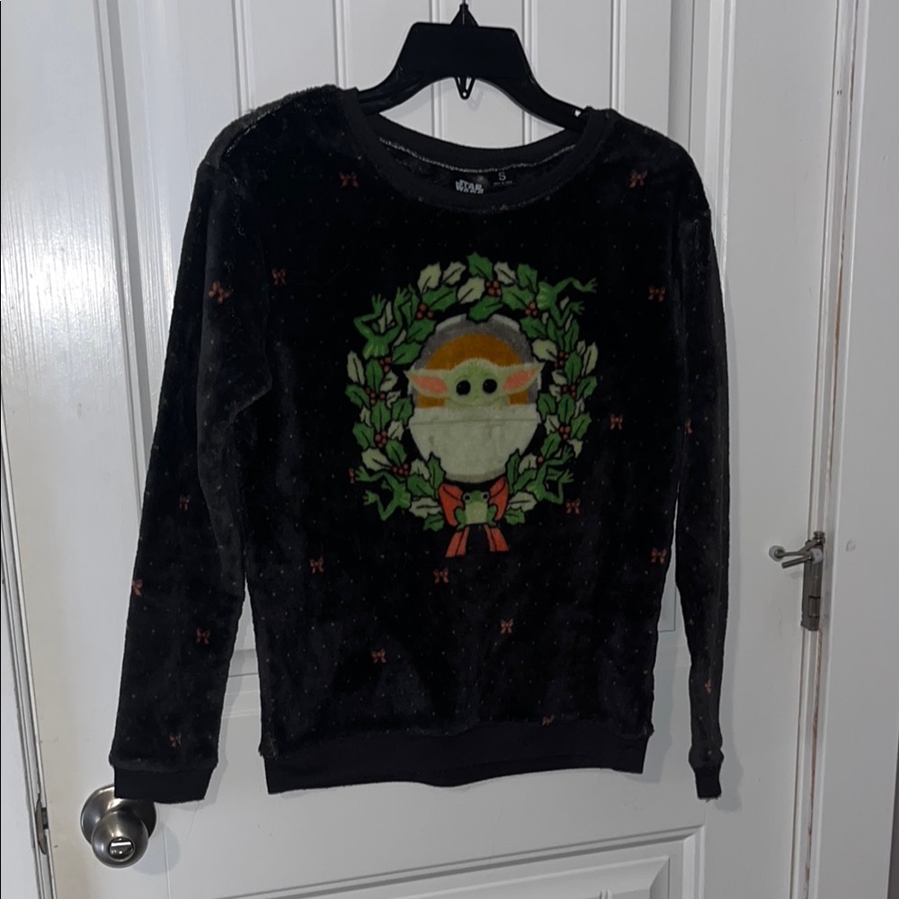 Black Holiday Sweater with Baby Yoda Design